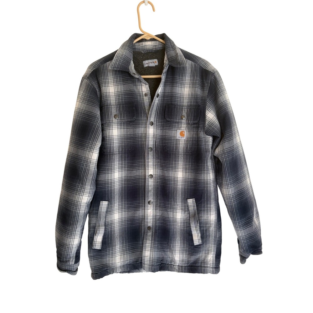 Carhartt Mens Hubbard Sherpa Lined Flannel Shirt Jacket Plaid Blue Small Regular